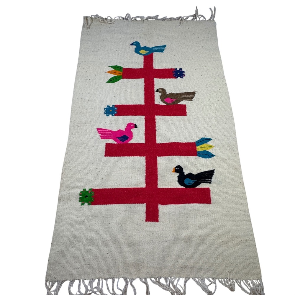 Vintage Mexican Zapotec Wool Rug Tree of Life Bird Folk Art Wall Hanging 29x50